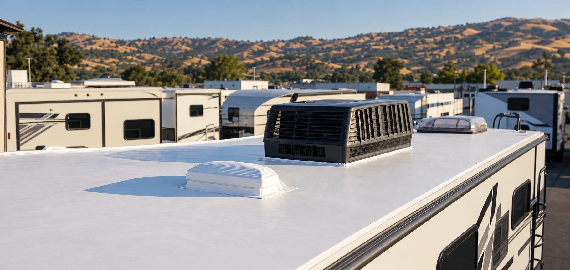 Clean sealed RV roof with rooftop air conditioner