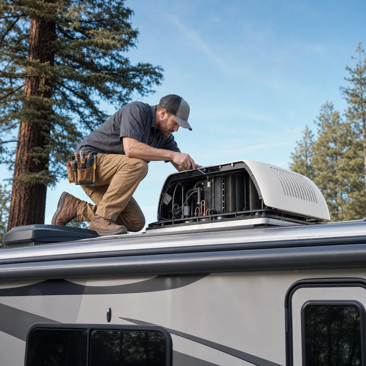 Technician servicing a rooftop RV air conditioner
